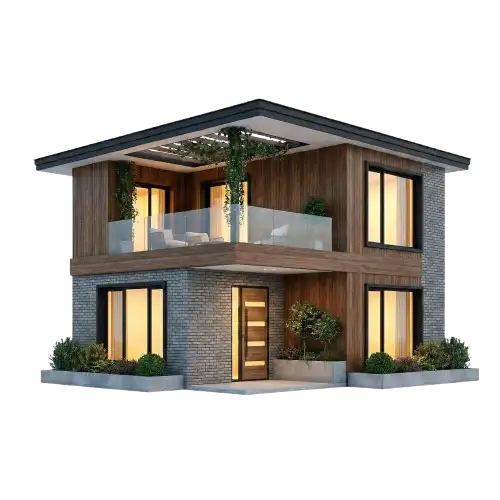 render de una casa unifamiliar de dos plantas.